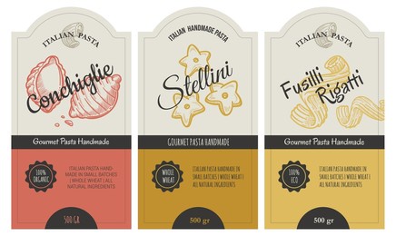 italian pasta and macaroni labels for packages, cooking authentic dishes. emblems with organic and natural ingredients, homemade ingredients for nutritious breakfast or meal. vector in flat style