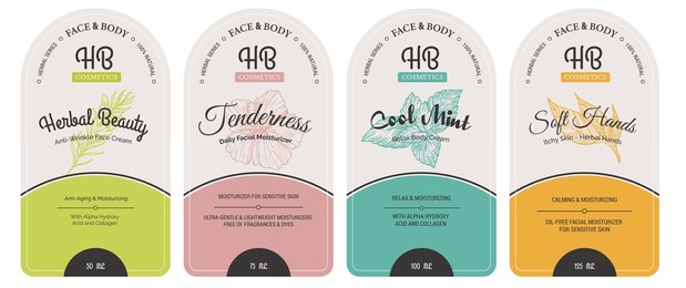 cosmetic products for skin care and beauty, herbal ingredients and organic treatment. hygiene and wellness, rejuvenation and therapy. labels with sketches, package emblem. vector in flat style