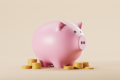 piggy moneybox with stack of gold coins on beige background. concept of savings and finance. 3d rendering