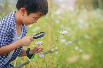 happiness boy with magnifying glass explorer and learning the nature, flower garden backyard