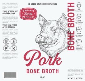 pork bone broth label template. abstract vector food packaging design layout. modern typography with hand drawn pig face sketch background with instruction icons. isolated