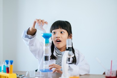 girls doing science experiments in the lab. selective focus.