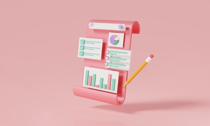 clipboard paper with data analytics, seo optimization, dashboard and business financial report chart. graph analytics, optimization marketing. 3d  icon render illustration on pink background