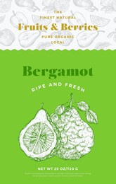 fruits and berries pattern label template. abstract vector packaging design layout. modern typography banner with hand drawn bergamot with slice sketch silhouette background. isolated