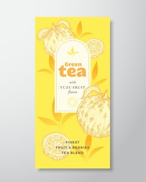 fruit and berries tea label template. abstract vector packaging design layout with realistic shadows. hand drawn yuzu fruit and tea leaves decor silhouettes background. isolated