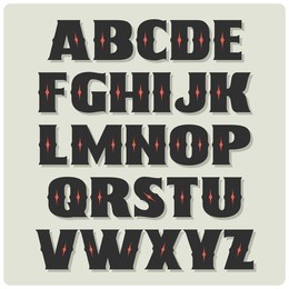 bold gothic font with red diamonds