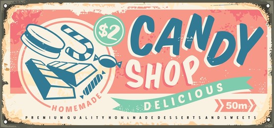 candies and sweets retro confectionery store sign design on pink background. old metal textured poster with various chocolate bars, desserts and sweet snacks. food vector illustration.