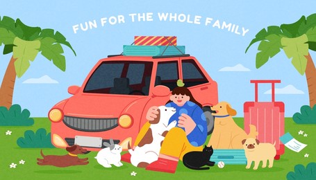 vacation with pets. flat illustration of a young woman going on vacation with lots of her pets which are her family member