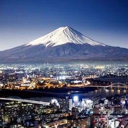 mount fuji. fujiyama. aerial view with cityspace surreal shot. japan