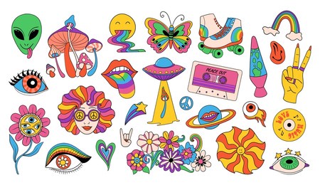 
retro hippie stickers, vintage icons in 70s style. psychedelic funky graphic elements of mushrooms, flowers, rainbow, music, ufo, rollers. isolated symbols, prints of 60s hippie subculture.
