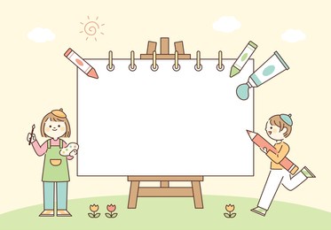 a large sketchbook is on the easel. children are standing around with art tools. cute background. flat design style vector illustration.