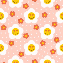 retro  groovy seamless pattern with smiling flowers on a pastel background. cute colorful trendy vector illustration in style 60s, 70s	