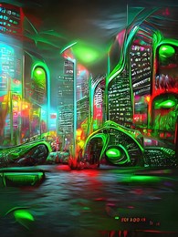 a 3d digital render of a green glowing cyberpunk city scene with water.