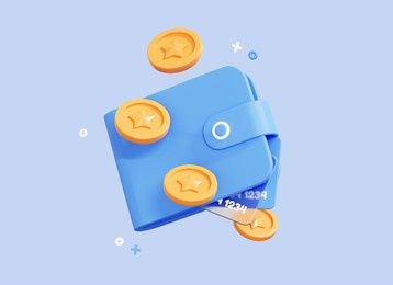 3d wallet with credit card and coin. business financial investment. money saving concept. online payment. cash and cashless. buy and pay. cartoon design icon isolated on blue background. 3d rendering