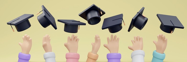 3d rendering of hand throwing graduation hat concept of school graduate. 3d render illustration.