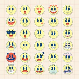 line art chunky hippie retro hippie stickers, psychedelic groovy set bundle elements. cute vintage icons sticker label in 70s, 80s, 90s style. flat illustration, emoticon emoji design templates.