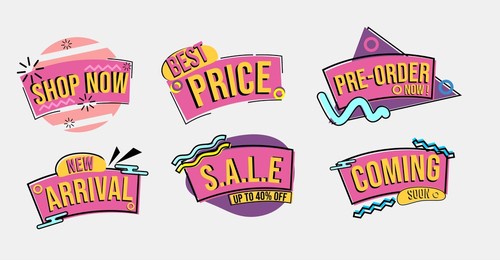 collection of promotional badge stickers with retro 80s theme. used for clothing, food and retail advertising banners