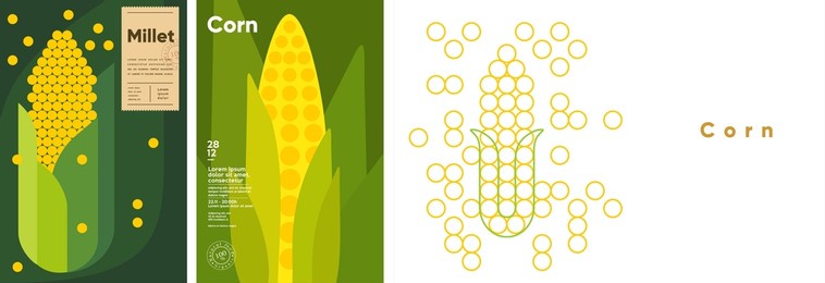 corn. food and natural products. set of vector illustrations. geometric, simple, linear style. label, cover, price tag, background.