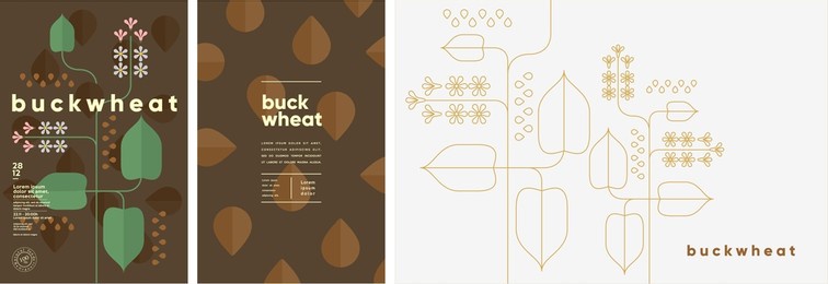 buckwheat. food and natural products. set of vector illustrations. geometric, simple, linear style. label, cover, price tag, background.