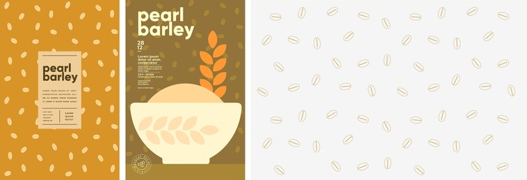 pearl barley. food and natural products. set of vector illustrations. geometric, simple, linear style. label, cover, price tag, background.