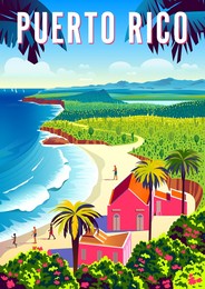 puerto rico travel poster. beautiful landscape with boats, beach, palms and sea in the background. handmade drawing vector illustration.