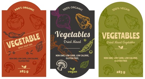 organic and natural vegetables mix, for soups and salads. cooking healthy dishes, vegan and vegetarian menu. labels for product packages, peas and mushrooms, pepper and dill. vector in flat style