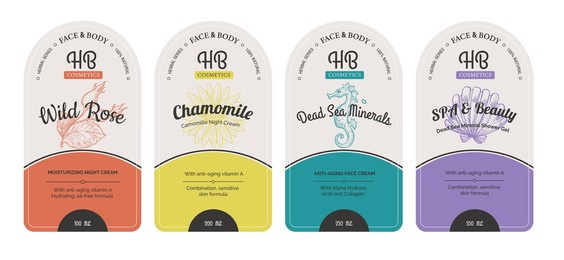 dead sea minerals cream for beauty and skin care, isolated labels, and packages. herbal tea, wild rose and chamomile tea, advertisement and emblems. healthy ingredients. vector in flat style
