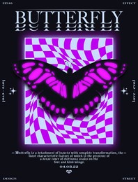 modern abstract poster butterfly . in y2k style, stylish print for streetwear, print for t-shirts and hoodies, isolated on black background