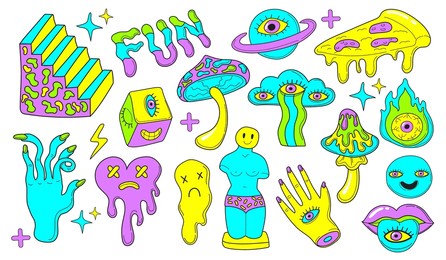 psychedelic emoji stickers. cartoon mushroom retrowave art, hipster sticker 90s 80s illusion stairs surrealism comic character weird smile greek sculpture, neat vector illustration