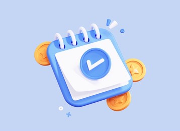 3d calendar with coin and check mark. completed money transfer. time to pay. successful payment. tax day. fast money concept. creative design icon isolated on blue background. 3d rendering