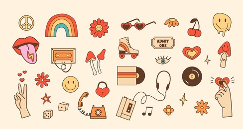 retro set of stickers with 70s 80s style elements. cartoon daisy flower with smiley face. old fashioned roller skate, music devices and hand gestures. hippie vintage outline color icons. vector.