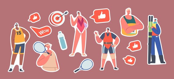 set of stickers athletes male and female characters runner, tennis or basketball player, skier, weightlifter and gymnast wear uniform, isolated aim, racket, water. cartoon people vector illustration
