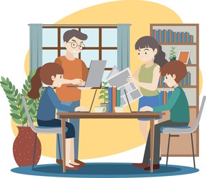 people working on laptop at home illustration