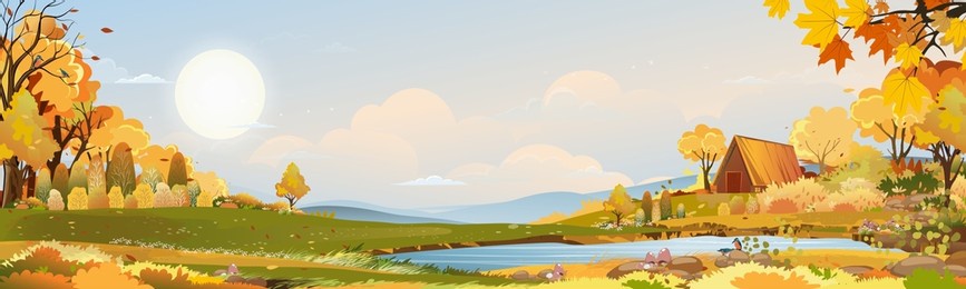 autumn rural landscape in evening light with sunset, blue and orange sky background,vector cartoon fall season at countryside with forest tree and grass field with sunrise,backdrop natural banner 