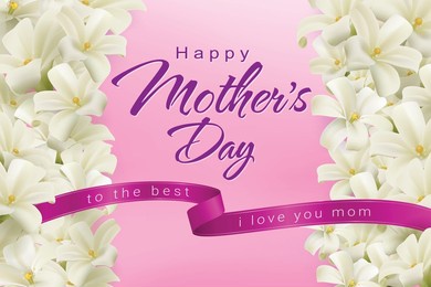 happy mother's day greeting card with blossom white flowers. realistic eps file.