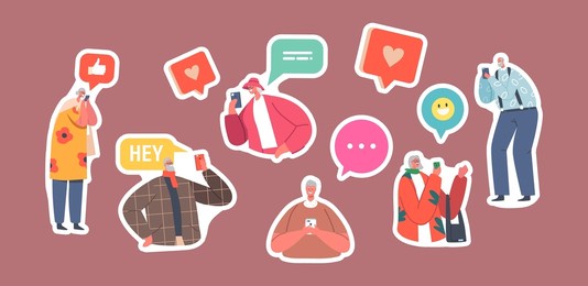 set of stickers elderly people communicate in social networks. senior male and female characters with mobile phones browsing internet, chat and messaging online. cartoon vector illustration, patches