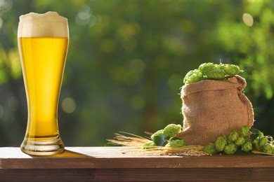 pint of fresh foamy beer and green ripe hop cones in a linen sack on a rustic wooden table in a summer garden. brewery, beer, and oktoberfest concept background with copy space.
