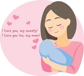 happy mother's day greeting card illustration, mother holding baby in arms, vector, eps10