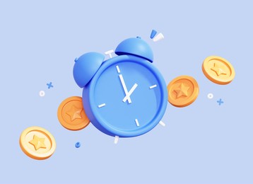 3d cartoon alarm clock and coins. time is money concept. tax time reminder. business investments, earnings and financial savings. fast money. quick loan. creative design illustration. 3d rendering