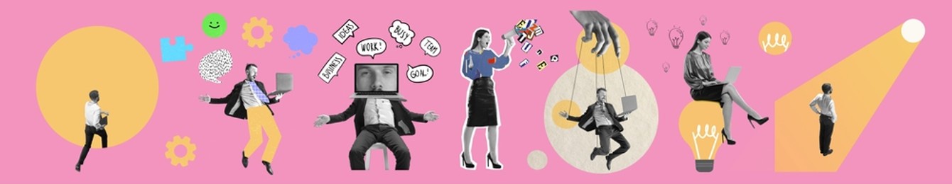 business process. contemporary art collage made of shots of young men and women, managers working hardly isolated over pink background, concept of art, finance, career, co-workers, team. flyer