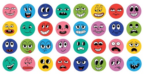 set of cartoon comic funny faces in retro style with different expressions of emotions. abstract round icons of heads of emotional characters. emoji people animation in 50s 60s style. vector.
