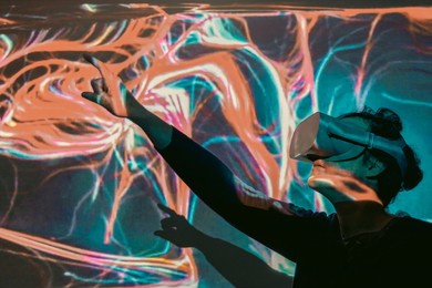 a woman wearing virtual reality glasses, cyber ​​space