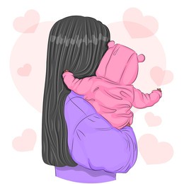 mother and child, little daughter in mother's arms, dressed as a teddy bear, concept of motherhood and love, mom vector illustration, happy mother's day greeting card.