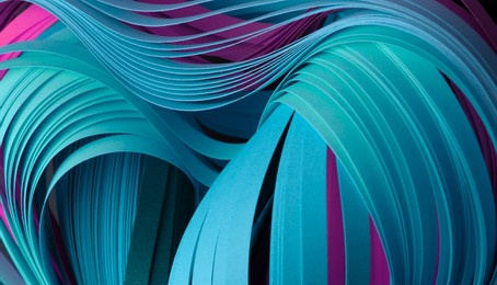 blue neon color strip wave paper. abstract texture horizontal background.