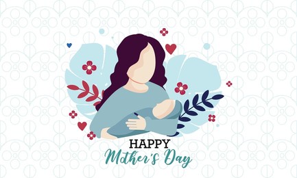 vector illustration of mother holding her baby son in her arms. floral background.