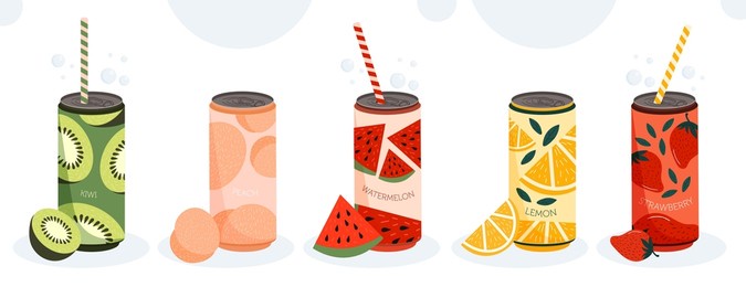 set of various tasty sodas. aluminum can with sweet fruit drinks or fresh peaches, kiwi or strawberries. carbonated water. packaging design. cartoon flat vector collection isolated on white background