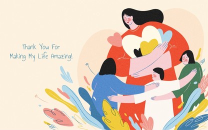 young woman is surrounded by children and flying shapes. warm doodle illustration suitable for mother's day and teacher's day.