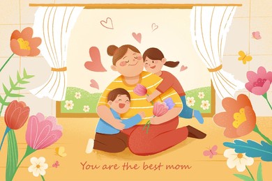 hand drawn mother's day drawing of cute children hugging their mother at home. concept of warm love.