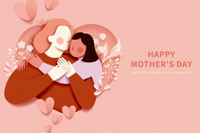 minimal peach pink mother's day template in 3d paper cut design. young mother is cuddled by daughter. concept of diverse family.