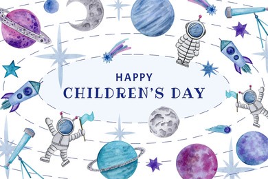 happy children's day banner with kids space elements. watercolor hand drawn children's day design template. cosmos kids card template.